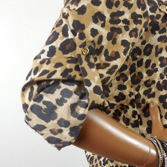 CHARTER CLUB Top M Leopard Print Button Down Blouse 3/4 Roll Tab Long Sleeves - Picture 5 of 9